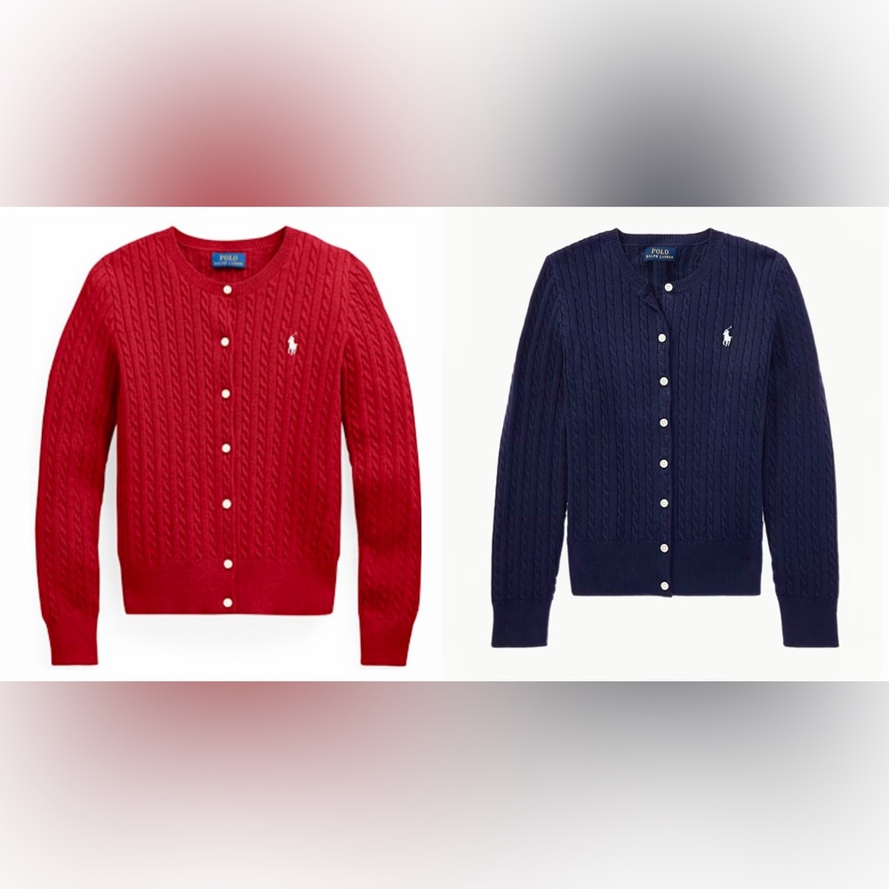2 Polo Ralph Lauren Girls Cable Knit Cardigans Navy & Red (Size M, 8-10)
